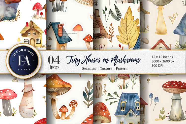 Whimsical Mushroom Houses Fantasy Watercolor Digital Paper