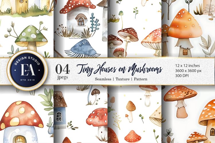 Fantasy Mushroom Villages Watercolor Pattern Digital Paper example image 1