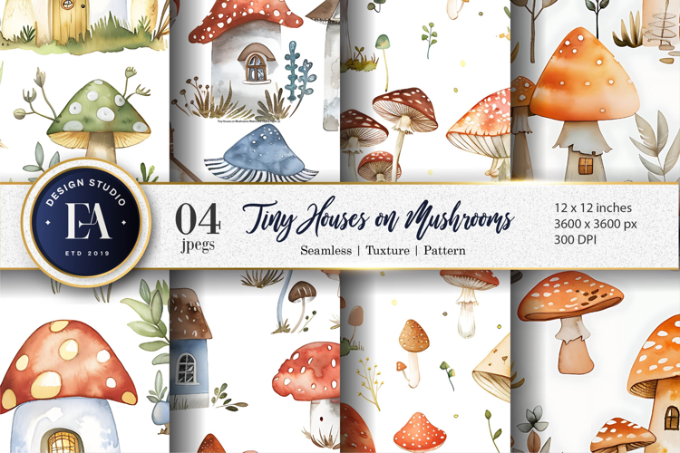 Fantasy Mushroom Villages Watercolor Pattern Digital Paper