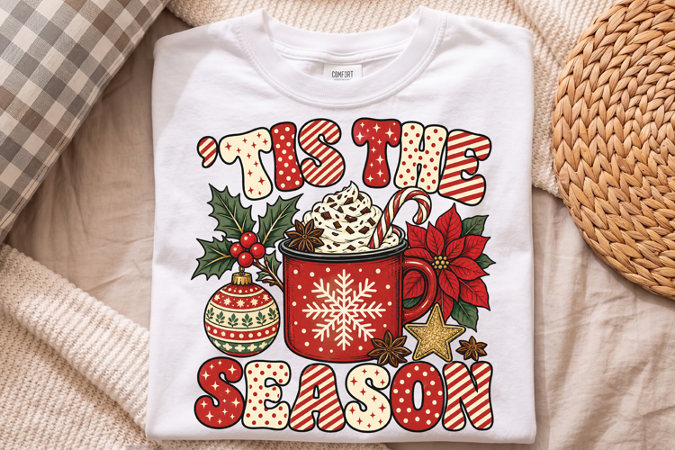 Tis The Season Christmas PNG, Retro Hot Cocoa Doodle Shirt