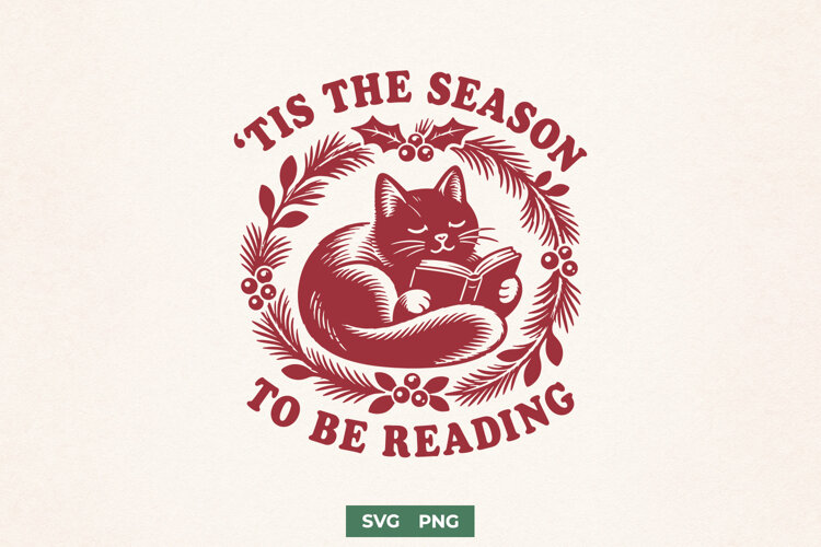 Tis the Season to Be Reading SVG PNG, Black Cat Christmas example image 1
