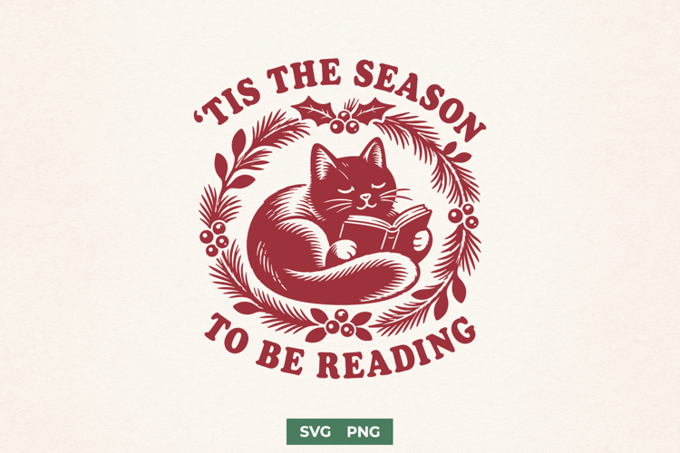 Tis the Season to Be Reading SVG PNG, Black Cat Christmas