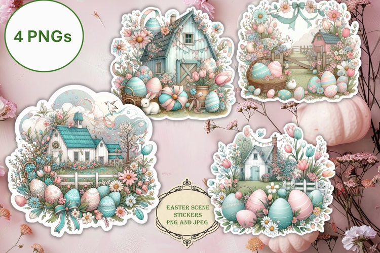 4 Easter Scenes Stickers Stickers PNGs
