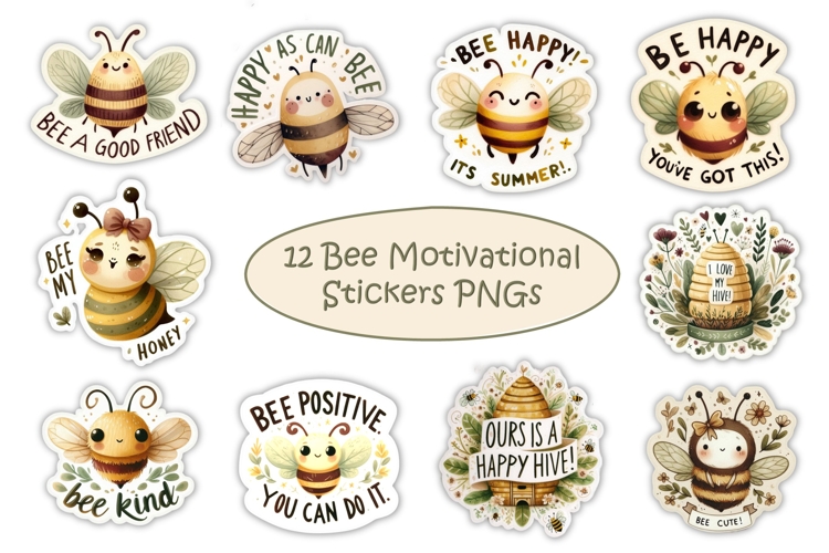 12 cute Bees Motivational Stickers PNG