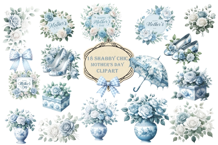 18 Shabby Chic Blue Mothers Day clipart PNGs