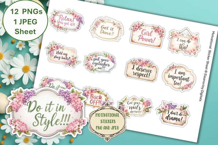 12 Shabby Chic Motivational Stickers PNGs and JPEG