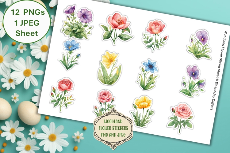 12 Cute Woodland Flower stickers PNG and JPEG