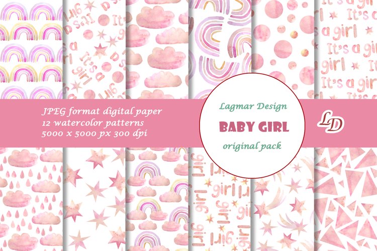 Girl digital paper, Pink baby shower seamless pattern files example image 1