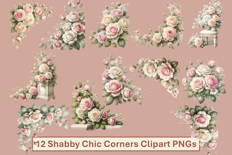 12 Shabby Chic Roses Corners clipart PNGs