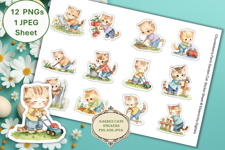 12 Gardening Cats Stickers PNGs and JPEG