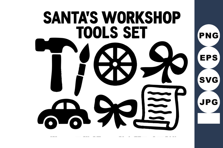 Santas workshop tools with hammer paintbrush wheel bow
