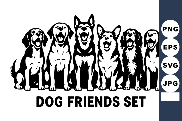 Dog friends with six different dog breeds sitting togeth