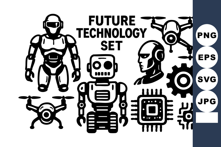 Future technology with robot, android, drone, microchip,