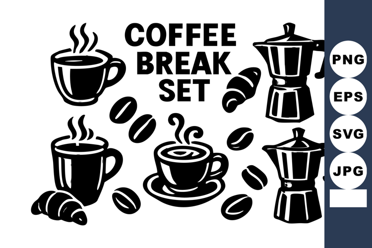 Coffee break with steaming cups, coffee beans, croissant