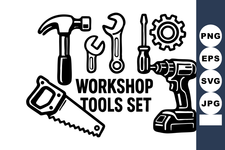 Workshop tools including hammer wrench screwdriver saw d