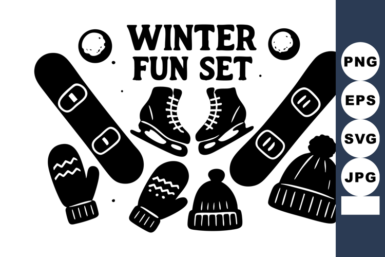 Winter fun including snowboards ice skates mittens and h