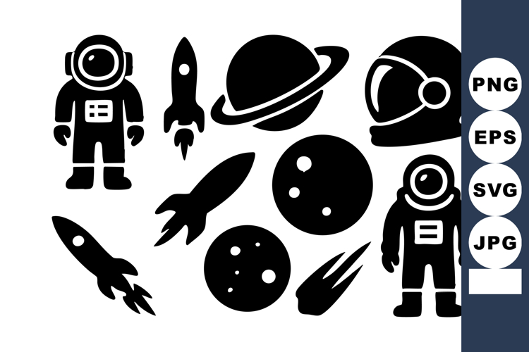Space themed black silhouette icons including astronaut rock
