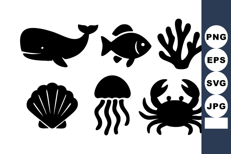Marine animals and sea life vector icons including whale fis