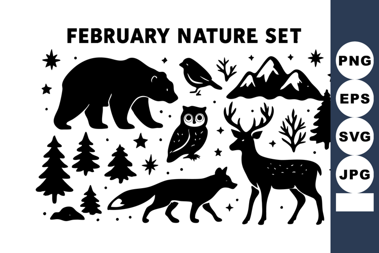 February nature with bear owl fox deer mountains trees a