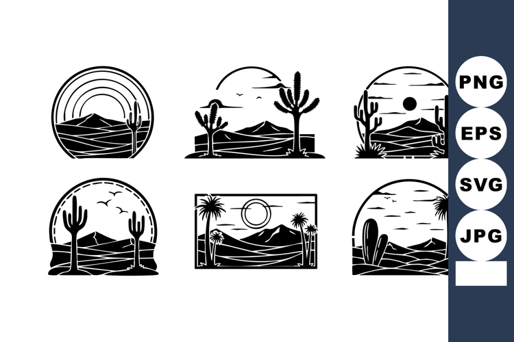 Desert landscape vector with cactus mountains sunset and