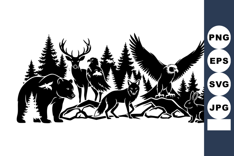 Wild forest animals silhouette with bear deer owl wolf rabbi