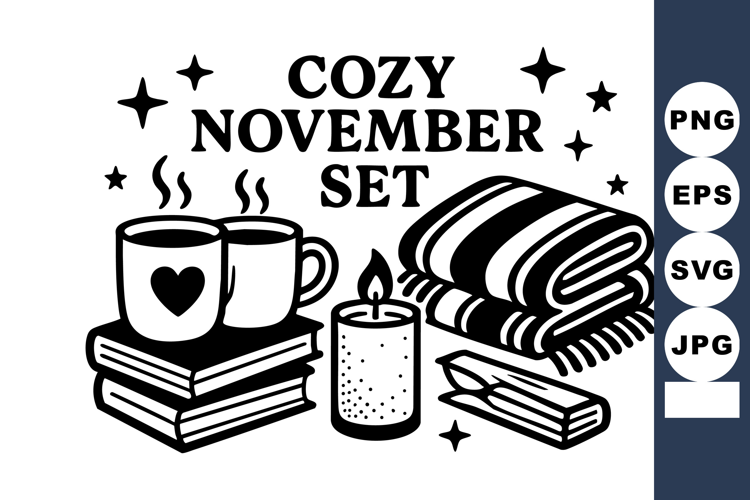 Cozy November with warm mugs, books, candle, and blanket