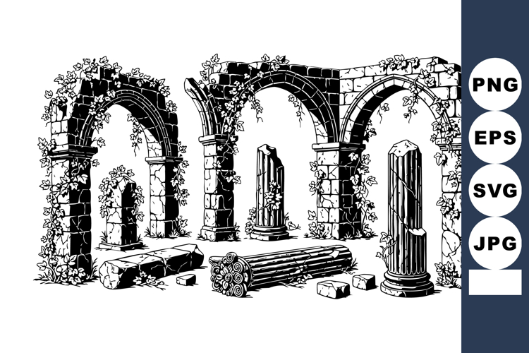 Ancient stone ruins with arched columns and broken pillars i