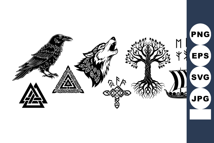 Viking symbols and Norse mythology icons including raven, wo