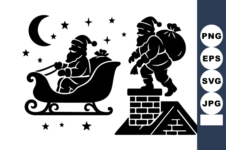 Santa Claus silhouette flying sleigh with gift sack climbing