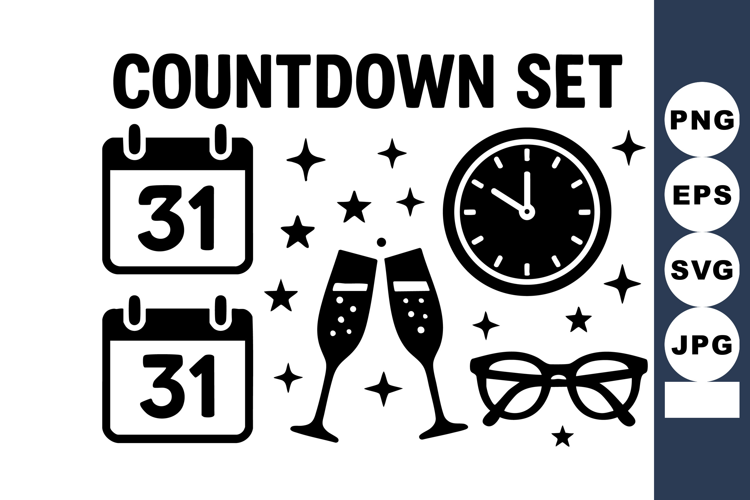 Countdown with calendar date clock glasses and champagne