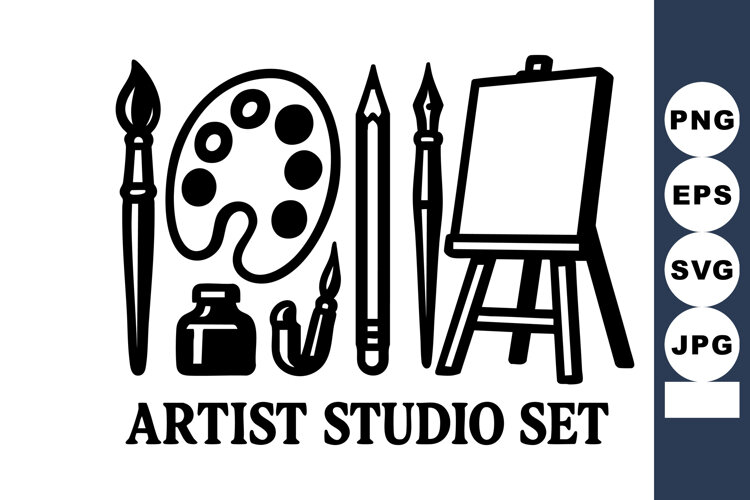 Artist studio with paintbrushes palette ink bottle pencil example image 1