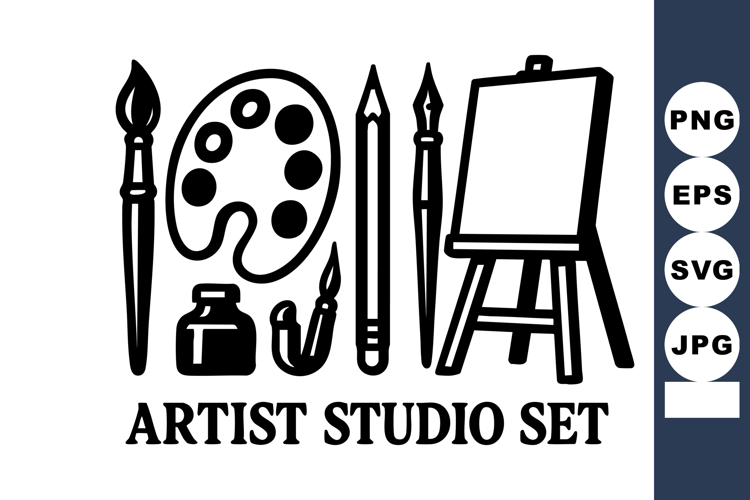 Artist studio with paintbrushes palette ink bottle pencil