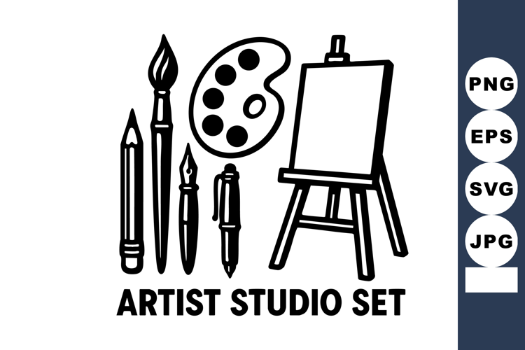 Artist studio with pencil brush palette easel and pens