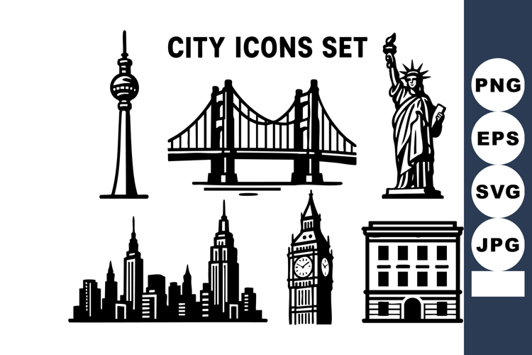 City icons with famous landmarks including statue