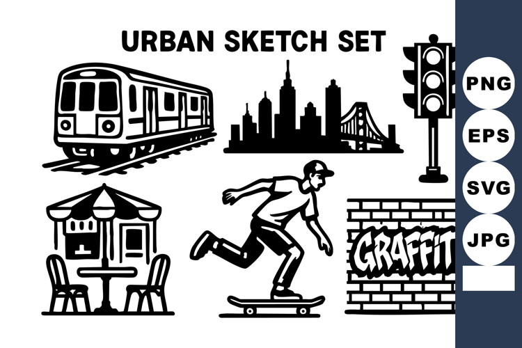 Urban sketch with subway train skyline traffic light