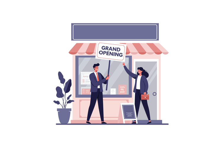 Two business people celebrating a grand opening in front of