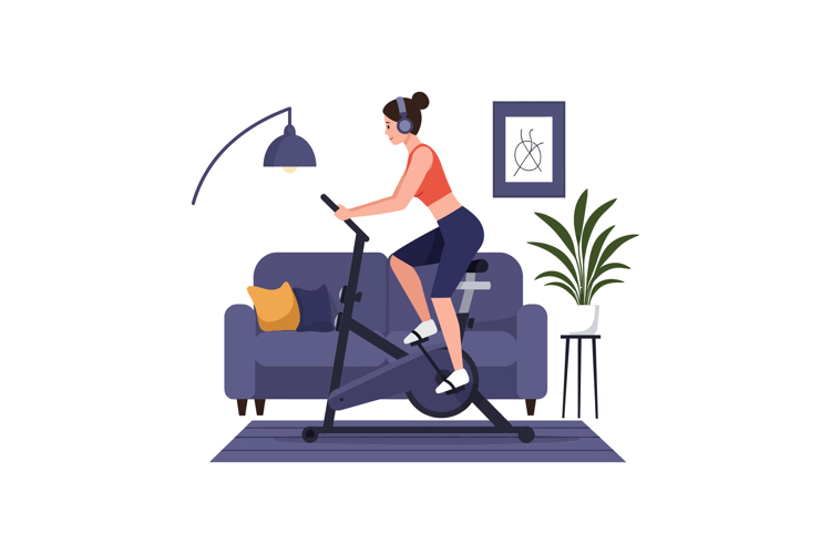 Woman exercising on a stationary bike in a cozy living room