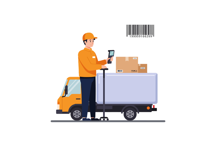 A delivery worker scanning packages beside a yellow delivery