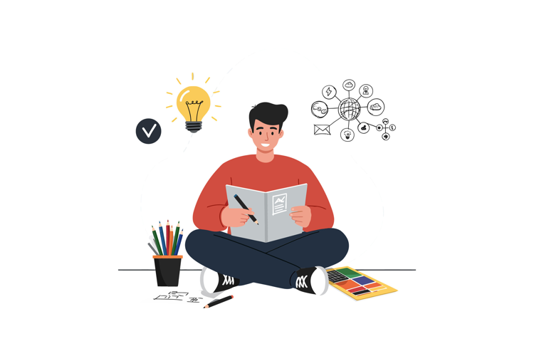 A young man sitting cross-legged on the floor, sketching in