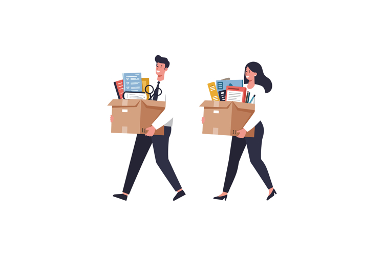 Two office workers carrying cardboard boxes filled with docu