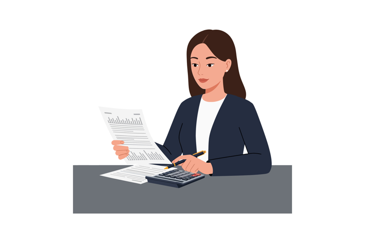 A focused woman analyzing financial reports while using a ca