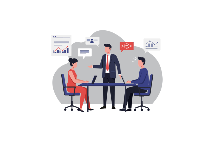Business meeting scene featuring three professionals in a mo