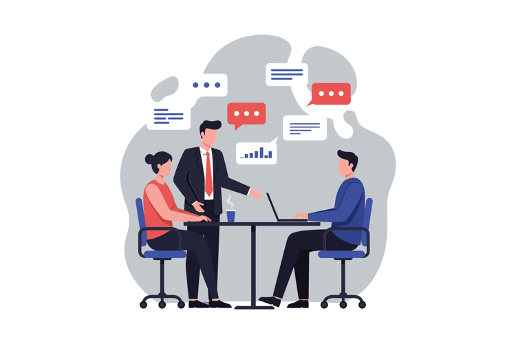 Business meeting scene featuring two professionals and a pre