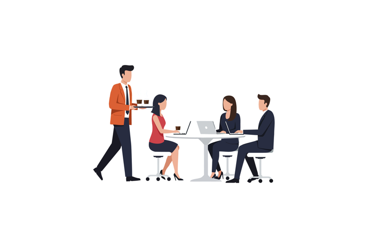A business meeting scene with four professionals interacting