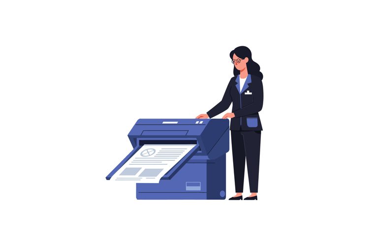 A professional woman in a suit operating a blue printer whil