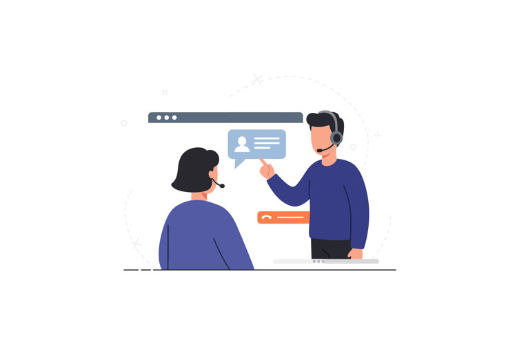 Two call center representatives engaging in a conversation,