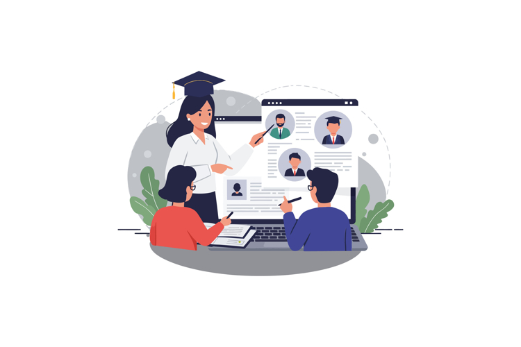 A teacher assisting students in online learning session, sho