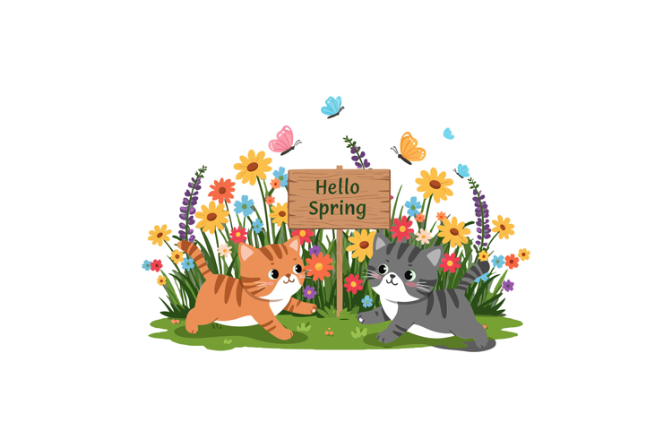 Two playful cats in colorful spring flowers with a wooden si