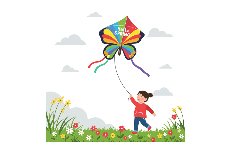 A cheerful child flying a colorful butterfly kite in a vibra