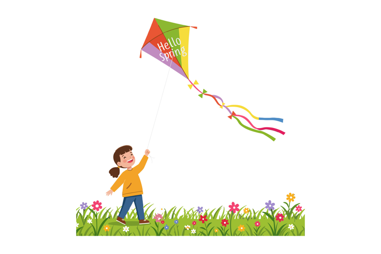 A cheerful child flying a colorful kite in a vibrant flower-